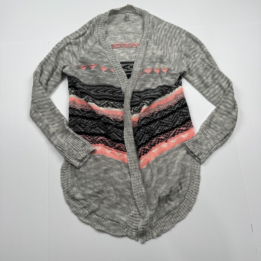 Vanity Sweater Womens XL Gray Pink Black Open Front Cardigan Aztec Stripe Knit